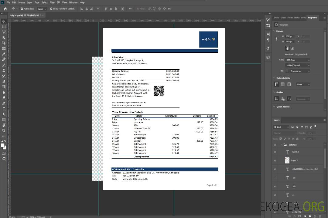 Relevé bancaire Acleda au Cambodge template Relevé bancaire Acleda au Cambodge template